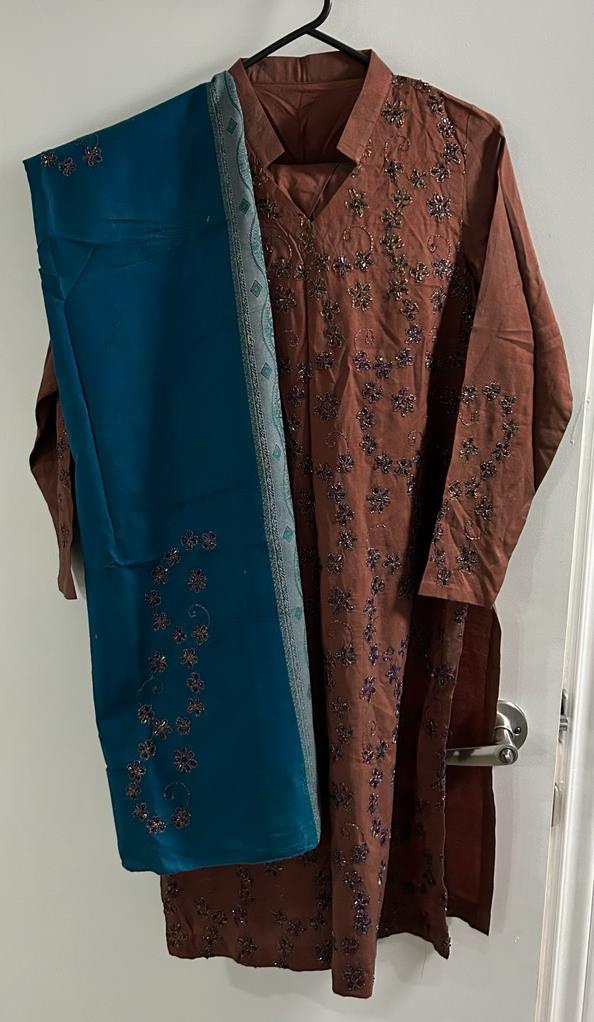 Embroidered Brown & Teal Salwar Kameez 3 Piece