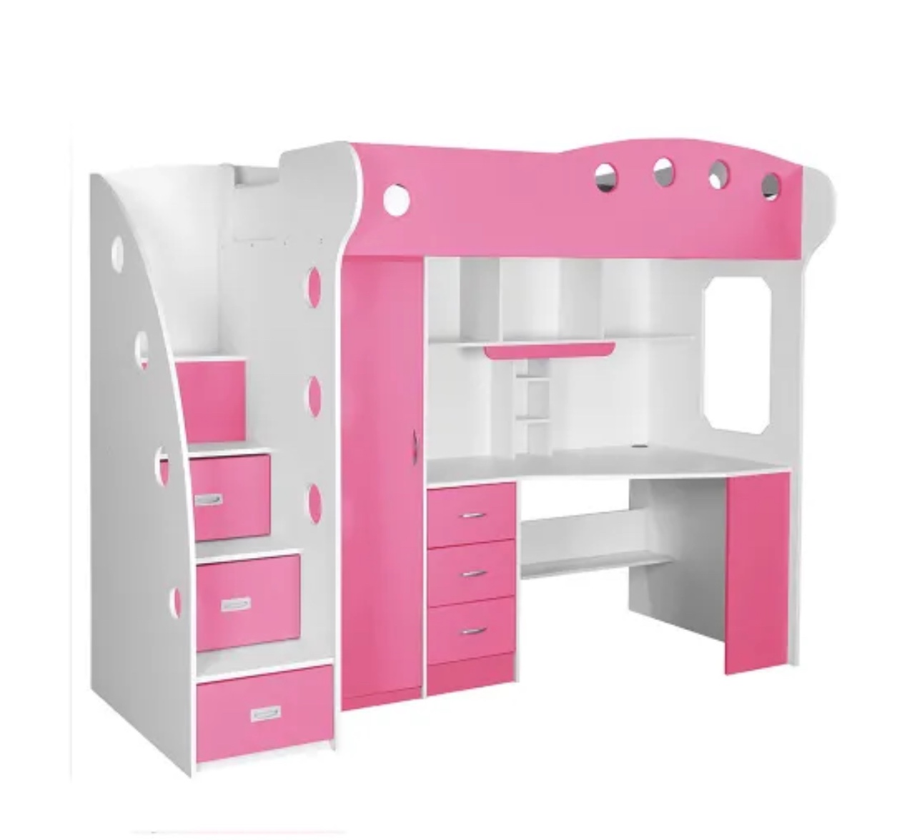 Pink Bunk Twin Sized Bed with Desk and Storage