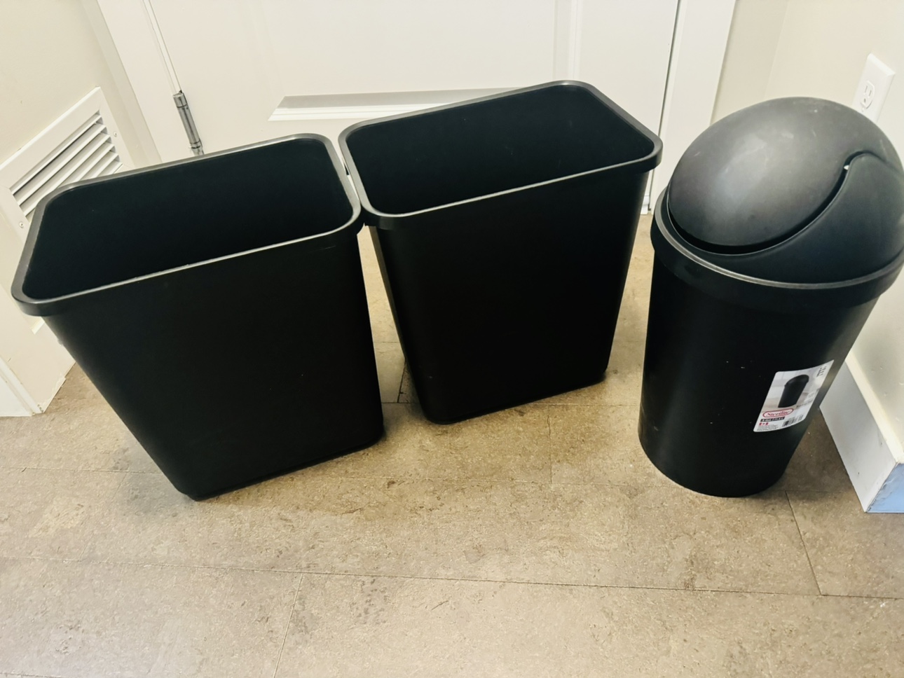3 Black Garbage Cans and 1 white dishes rack - photo 2