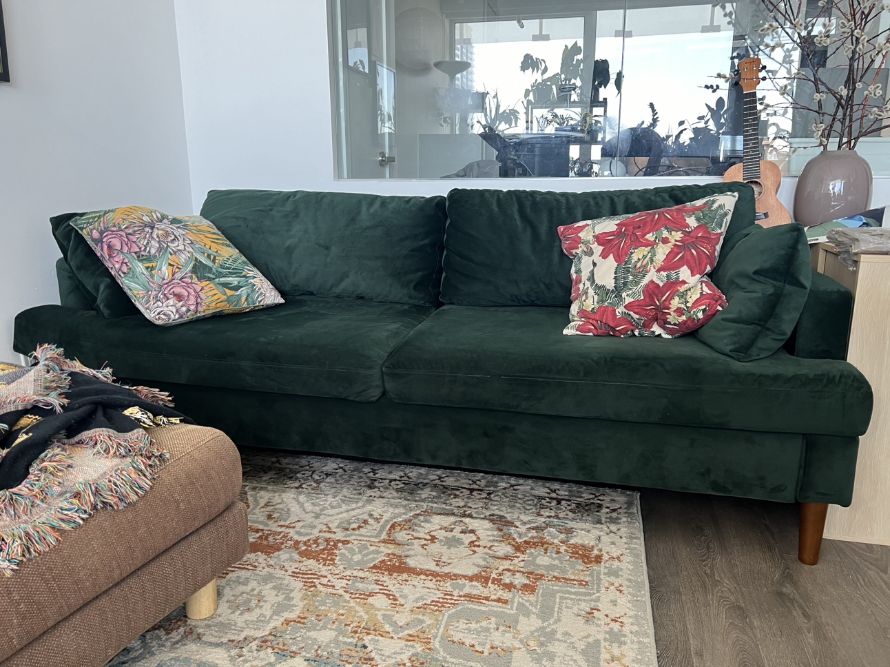 Green velvet upholstered Sofa, mid century modern - photo 2