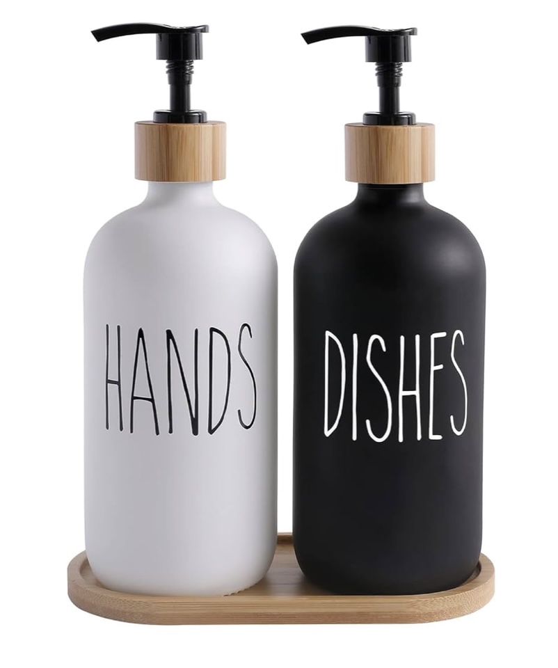 2pk hand soap & dish soap dispensers on bamboo tray