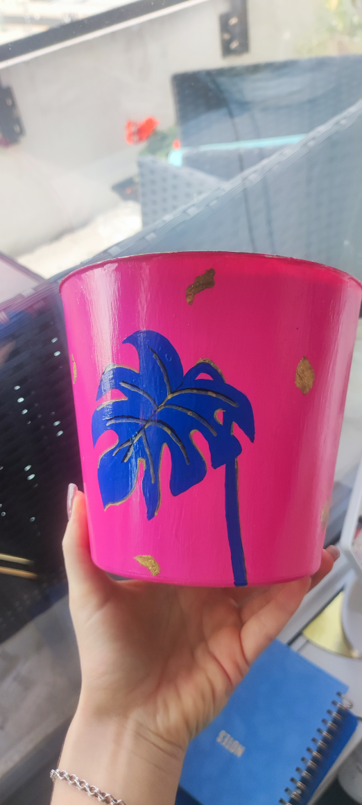 Pink Plant Pot with Monstera Leaf image indicator(3)