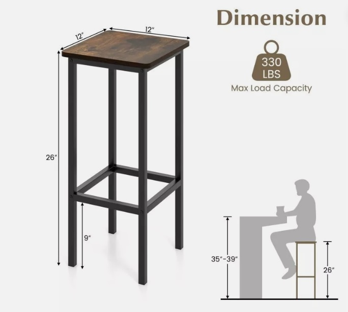 4 Pcs Kitchen Square Wooden Bar Chair Set 26" Metal Leg Footrest image indicator(6)