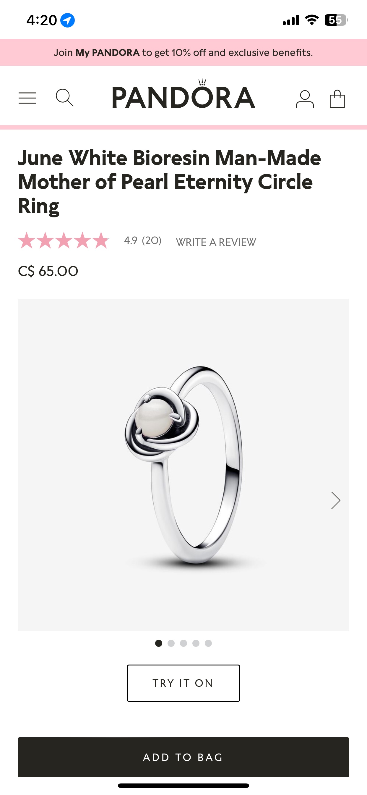 Pandora June Pearl Eternity Circle Ring