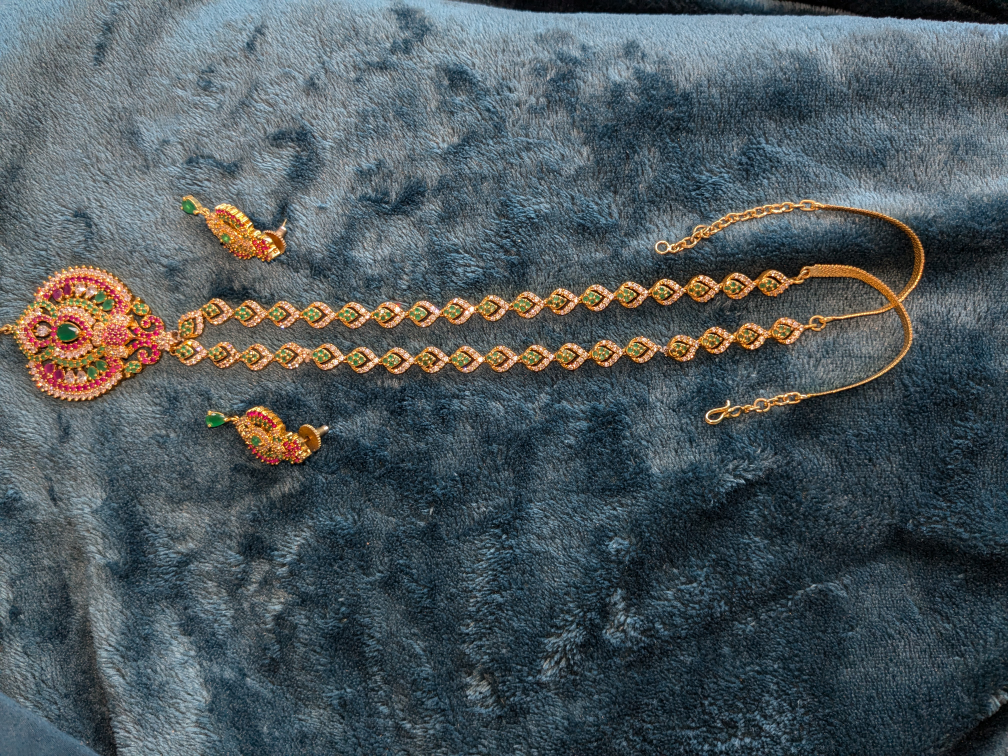 Gold Tone long Necklace and Earrings Set thumbnail