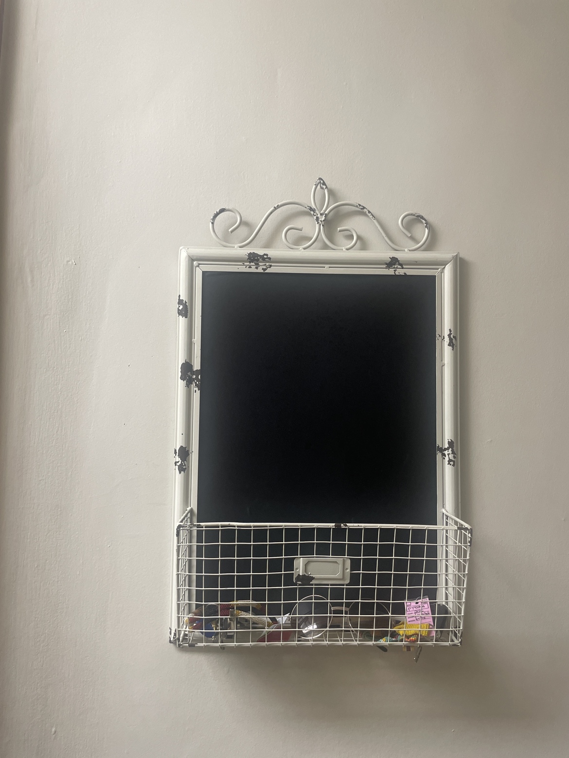 White Chalkboard with Wire Basket