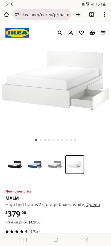 queen white malm bed frame w two black drawers