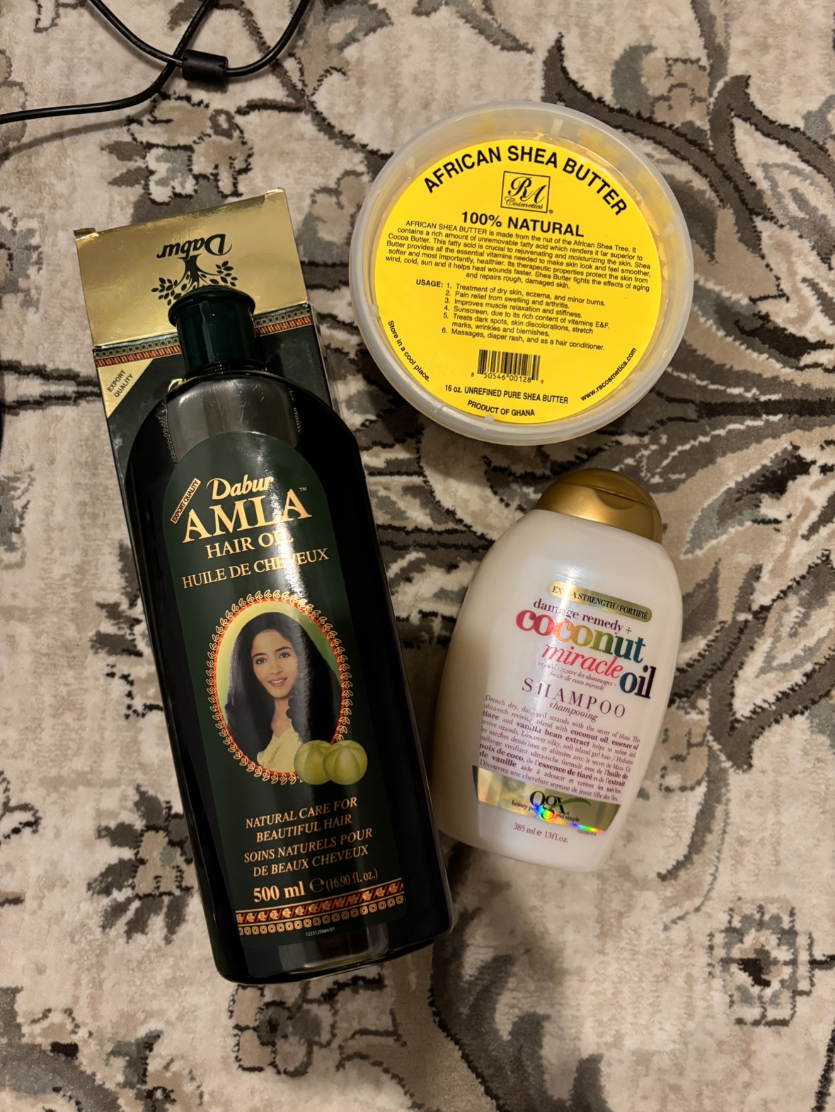 Hair oil, shampoo, shea butter
