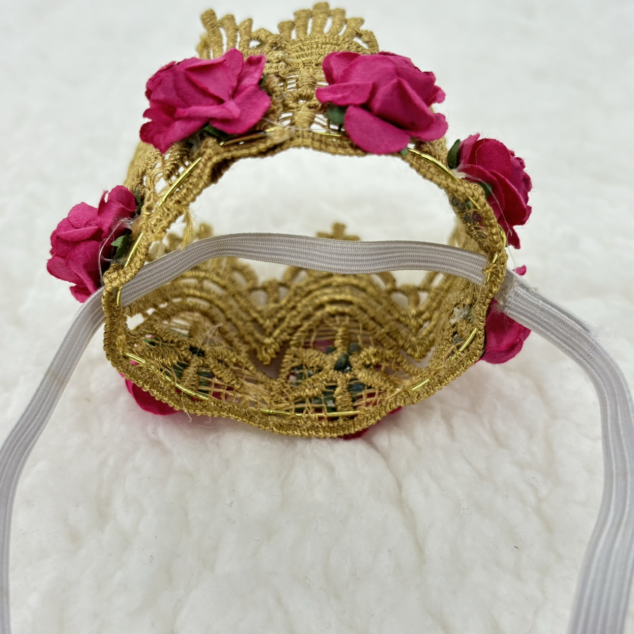 Lace Crown Stiff Crocheted Gold Lace w Pink Flowers for Newborn - photo 2
