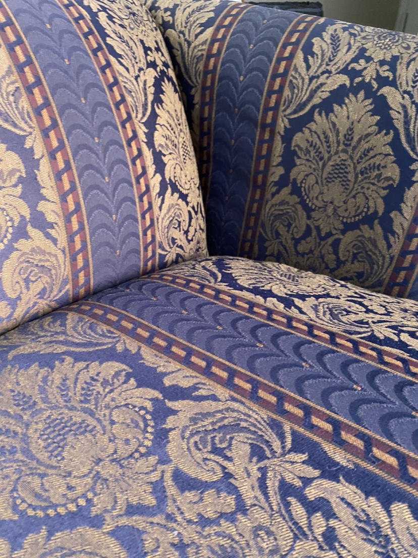 Blue and Gold Damask Sofa