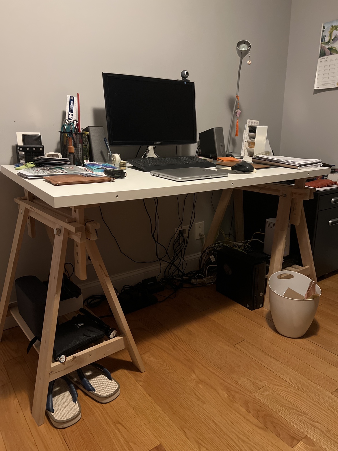 White Desk with Wooden Trestle Legs