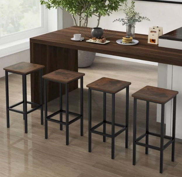 4 Pcs Kitchen Square Wooden Bar Chair Set 26" Metal Leg Footrest image indicator(3)