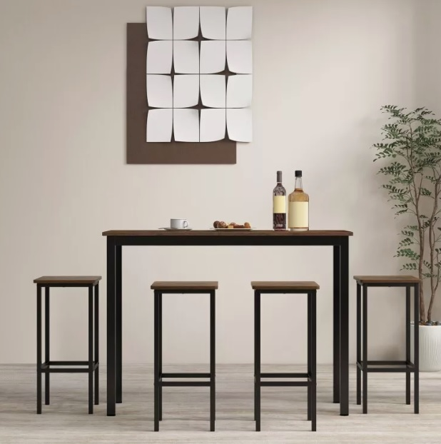 4 Pcs Kitchen Square Wooden Bar Chair Set 26" Metal Leg Footrest image indicator(4)