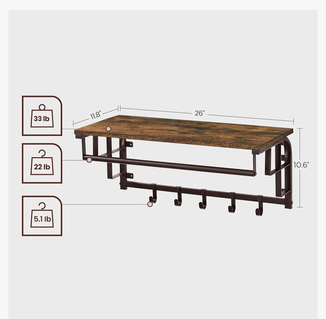 VASAGLE Wall-Mounted Coat Rack, Wall Hook Rack with Hanging Rail - photo 3