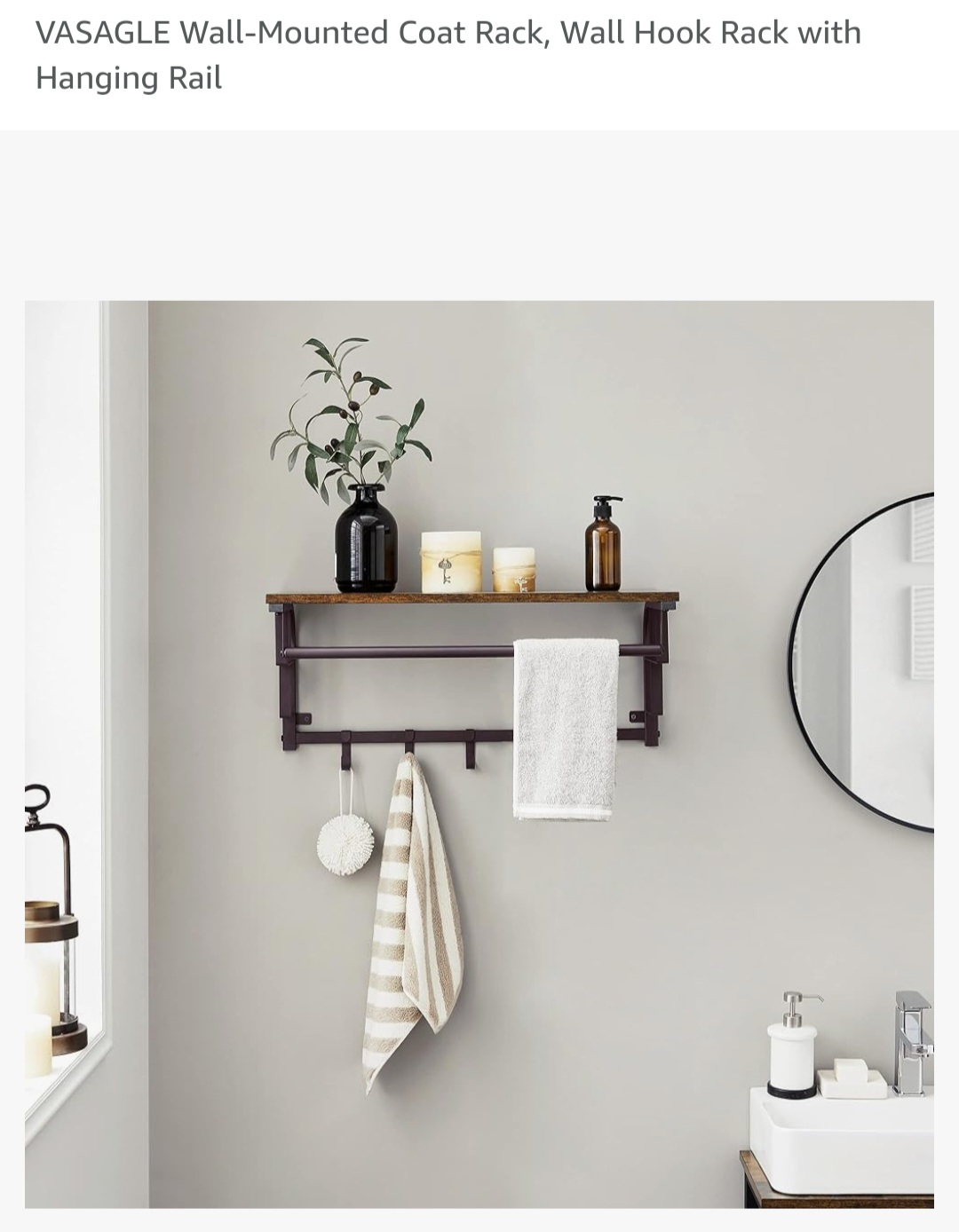 VASAGLE Wall-Mounted Coat Rack, Wall Hook Rack with Hanging Rail image indicator(5)