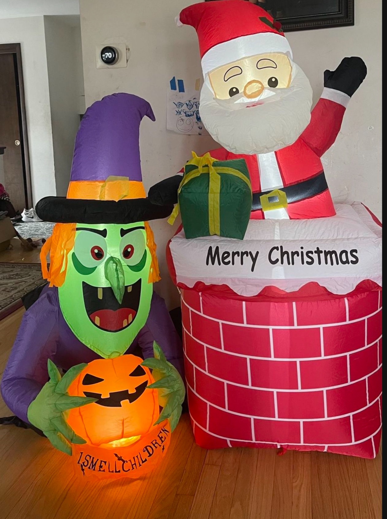 Inflatable light up Santa and Witch holiday