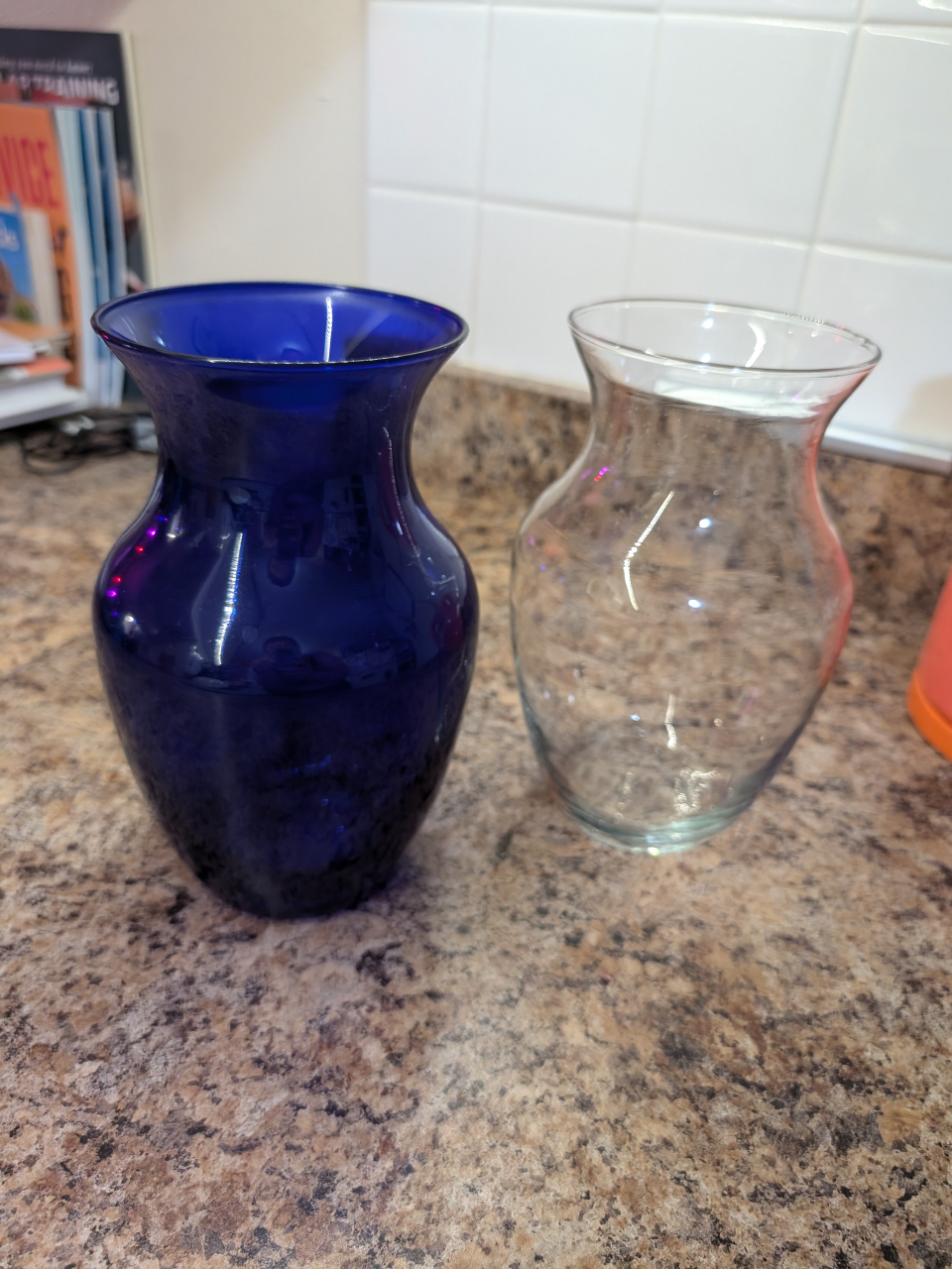 2 glass vases. 1 blue and 1 clear image indicator(2)