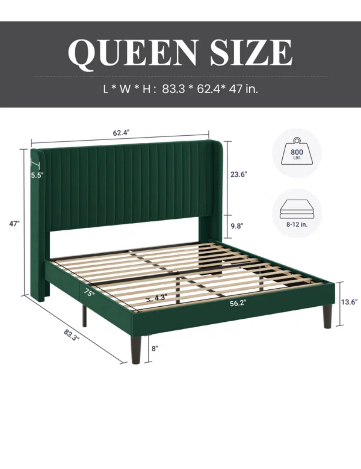 Upholstered Green Queen Bed Frame
