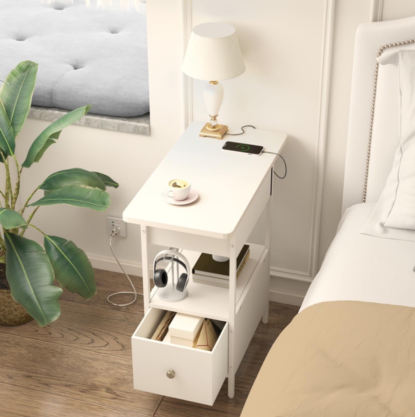 Narrow Side Table with Flip Top Cabinet and Fabric Drawer - photo 5