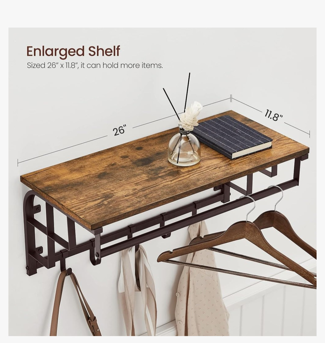 VASAGLE Wall-Mounted Coat Rack, Wall Hook Rack with Hanging Rail - photo 2