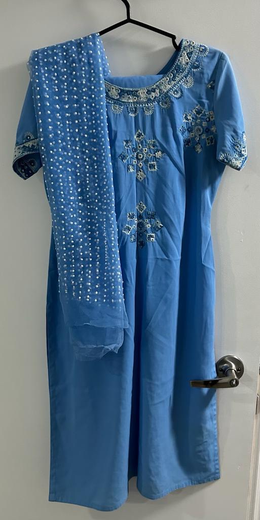 Blue Embroidered Dress 3 Piece