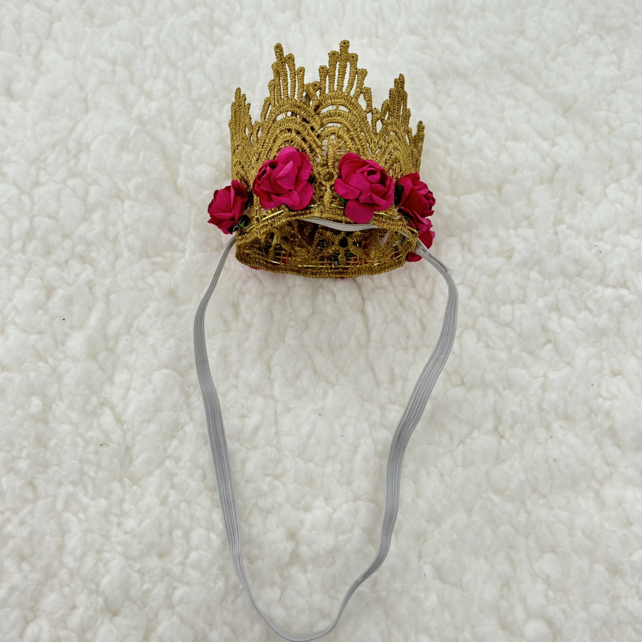 Lace Crown Stiff Crocheted Gold Lace w Pink Flowers for Newborn - photo 3