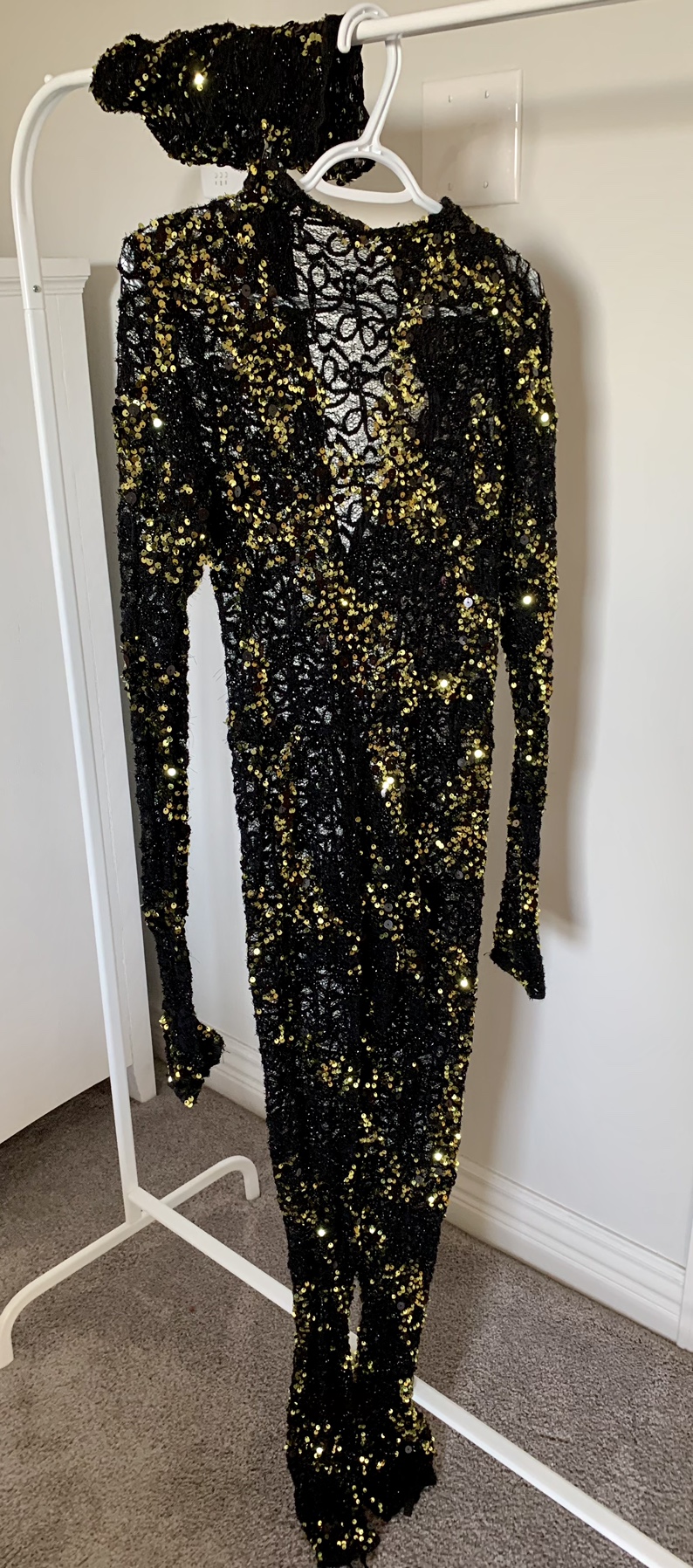 Lace and sequin bodysuit Halloween costume with face hood