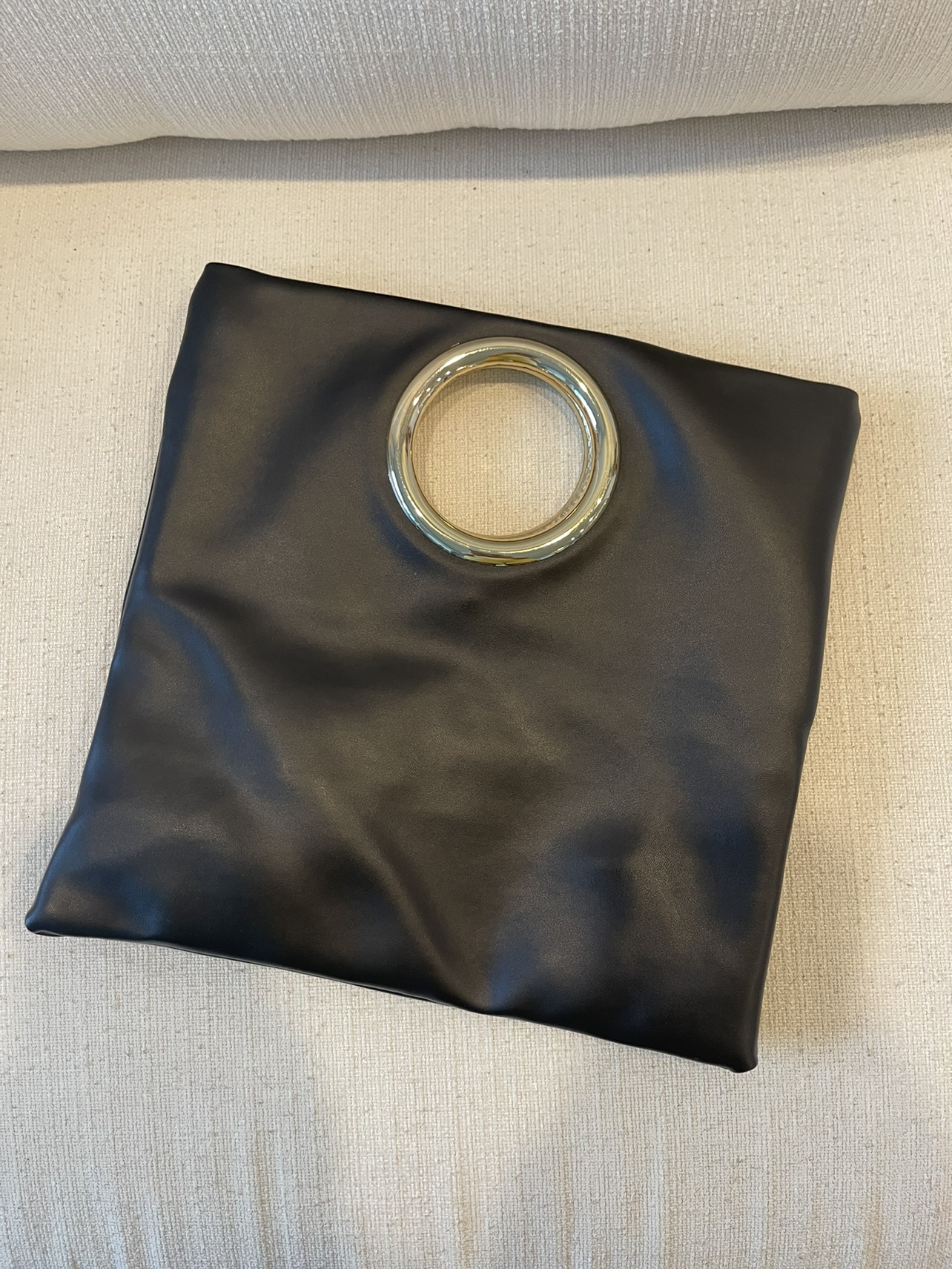 Black Leather Handbag with Gold Ring Handle image indicator(2)