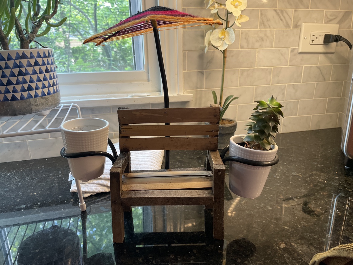 Miniature Wooden Bench with Umbrella Planter