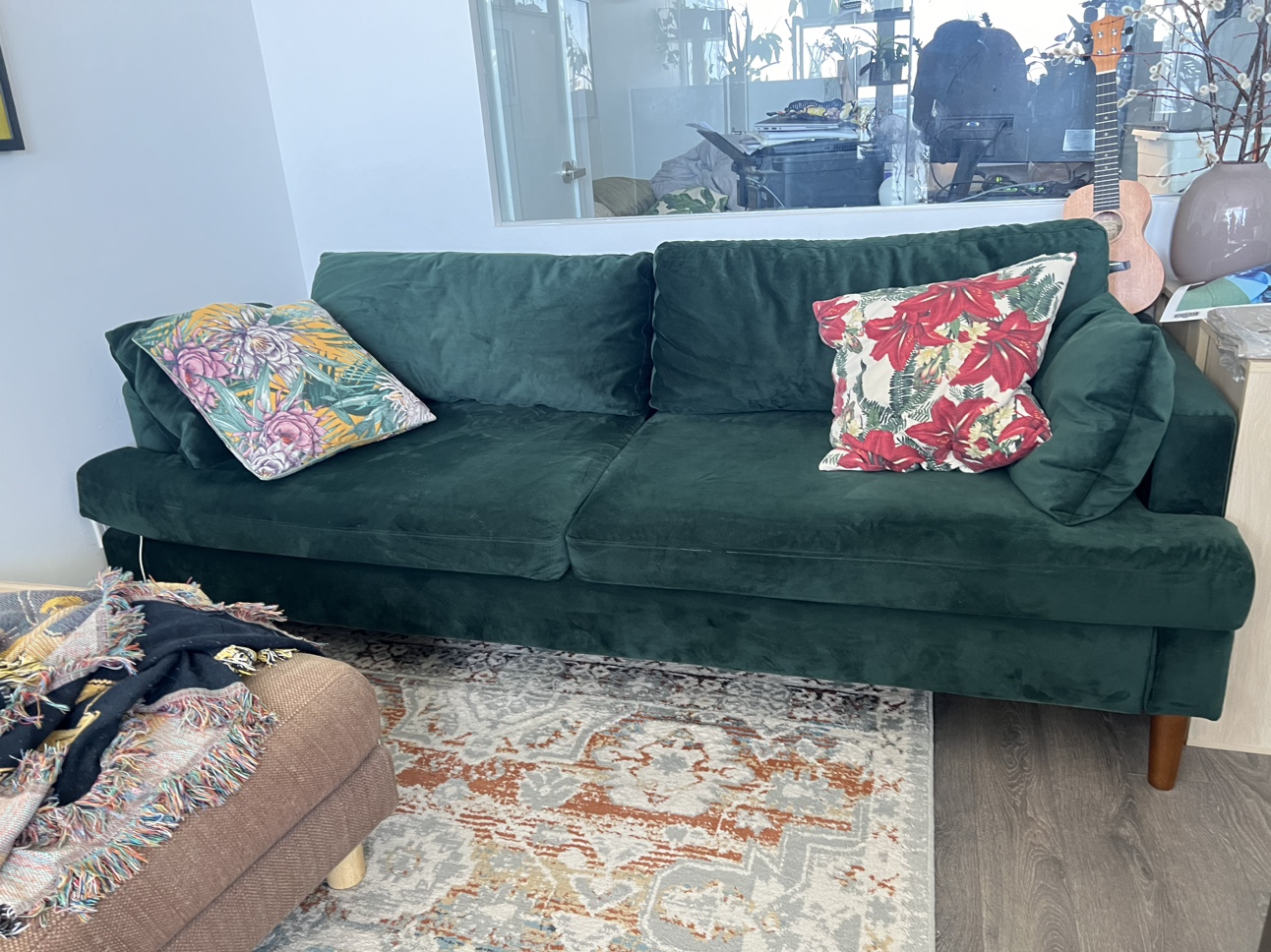 Green velvet upholstered Sofa, mid century modern