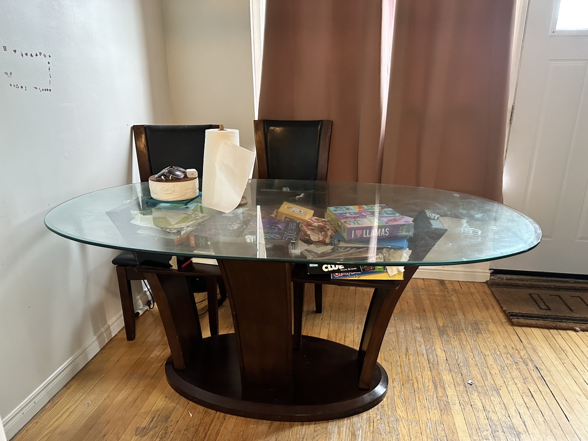Glass top dining table free w/ 5 wooden chairs in good condition - photo 4