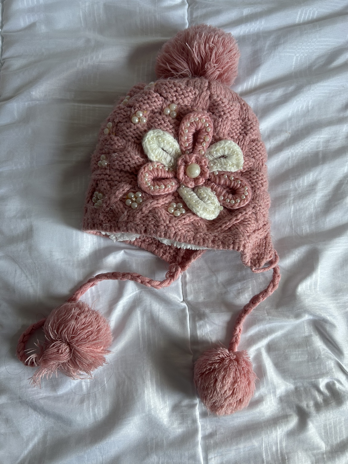 Pink Knit Hat with Flower Detail