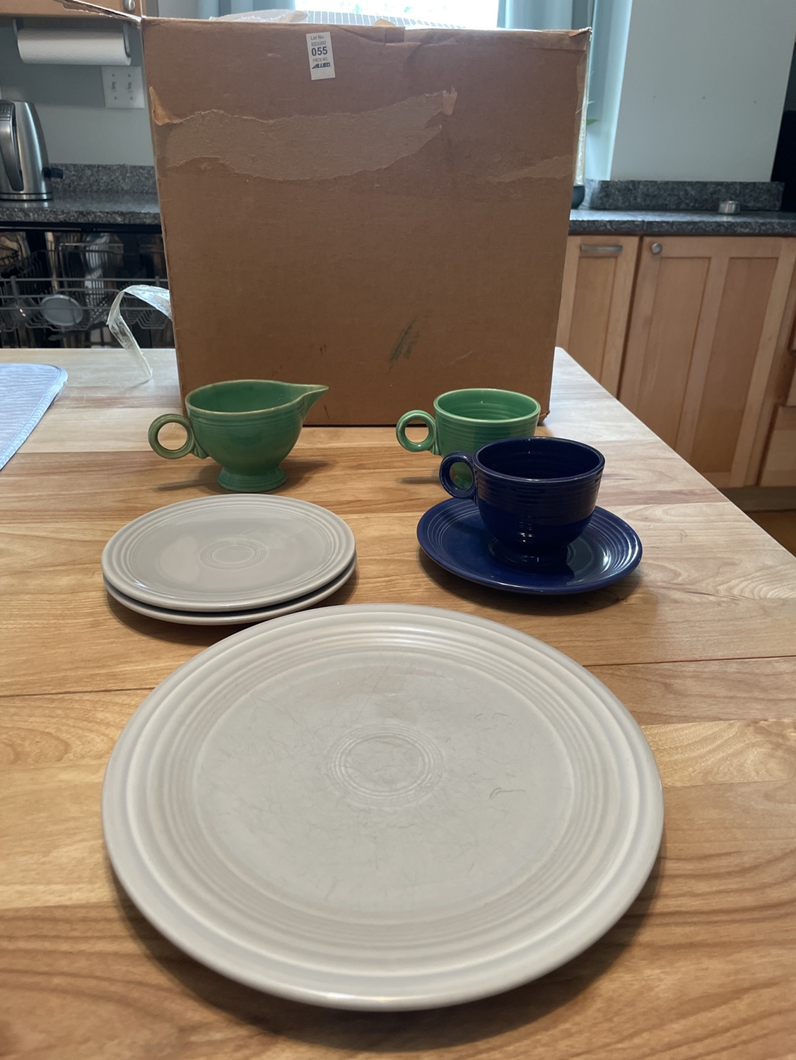 Fiestaware Gray Large Plate and box of other dishes