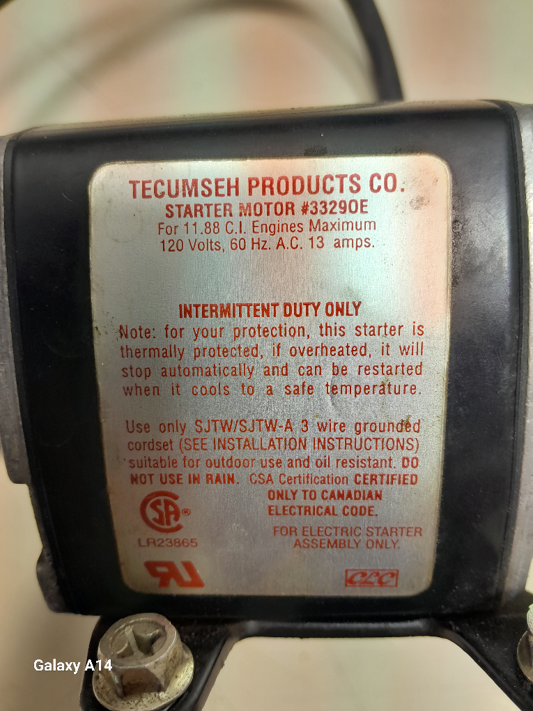 Tecumesh electric starter for snow blower