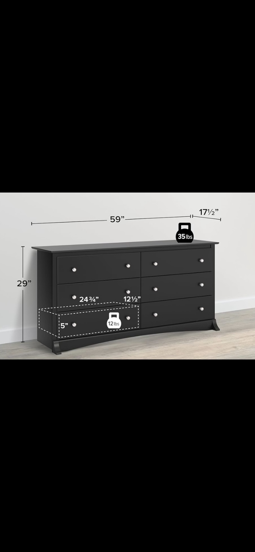 Black 6 Drawer Wide Chest Dresser