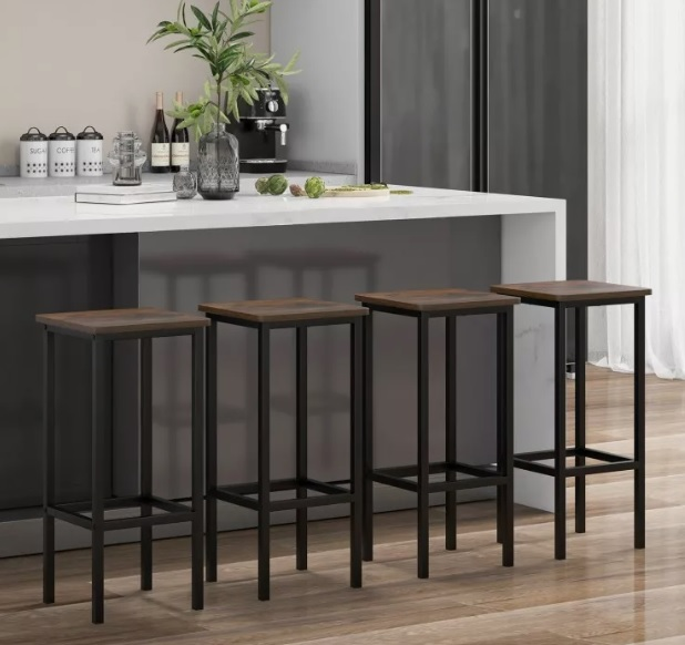 4 Pcs Kitchen Square Wooden Bar Chair Set 26" Metal Leg Footrest image indicator(2)