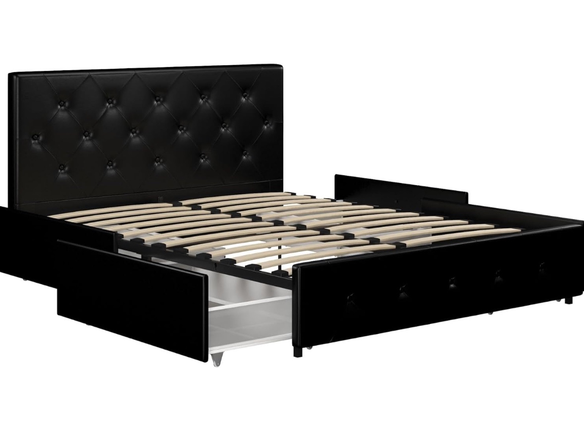 Black Faux Leather Queen Bed Frame with 4 Drawers - photo 2