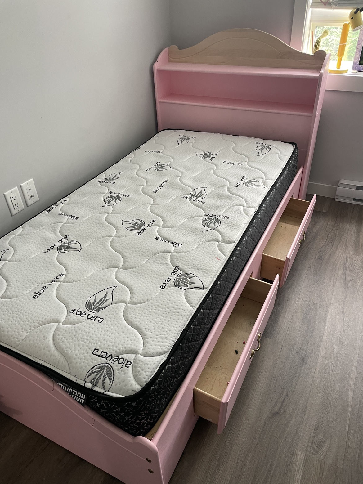 Pink Twin Sized Bed Frame with Storage and Headboard