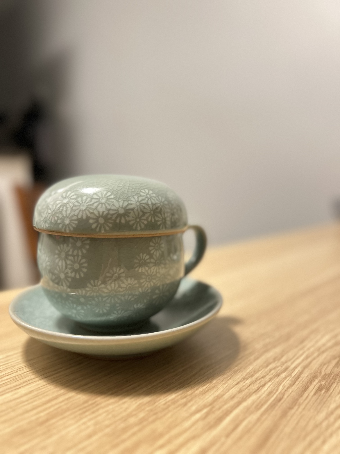 Chrysanthemum Celadon Inhwa Tea Cup with Saucer thumbnail
