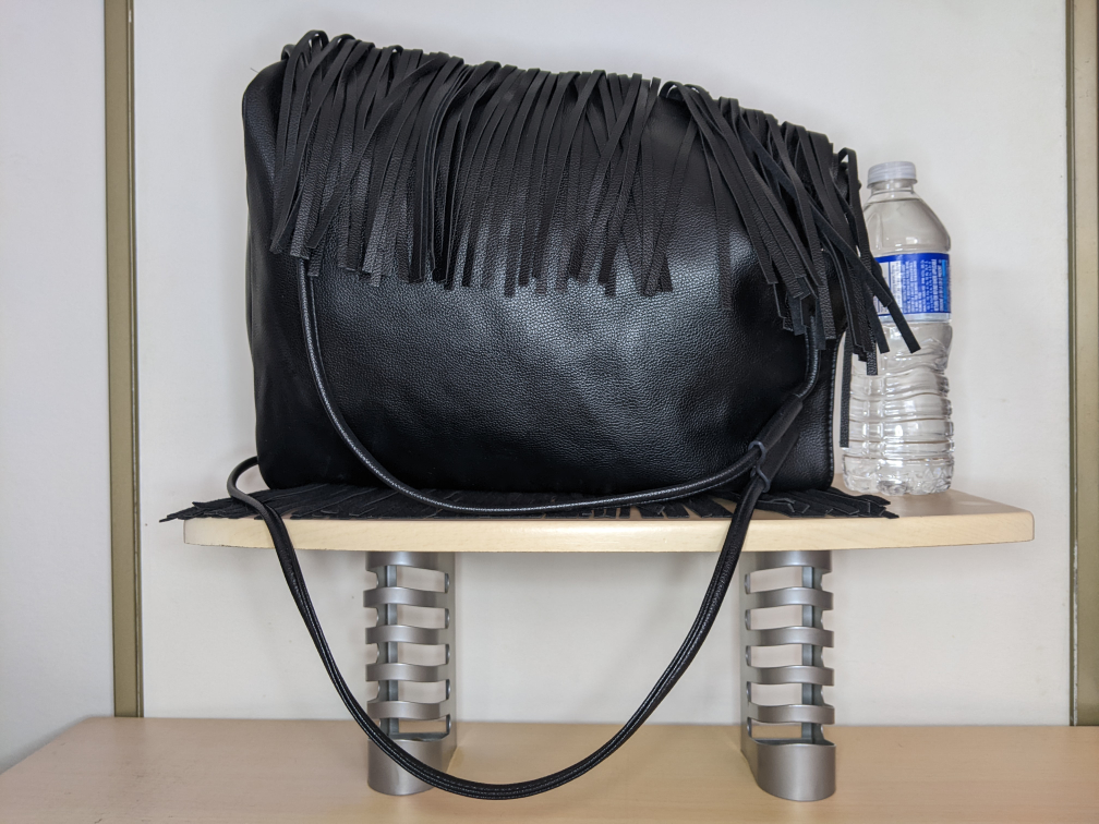 Victoria's Secret Fringe Drawstring Bag Faux Vegan Leather Black image indicator(4)