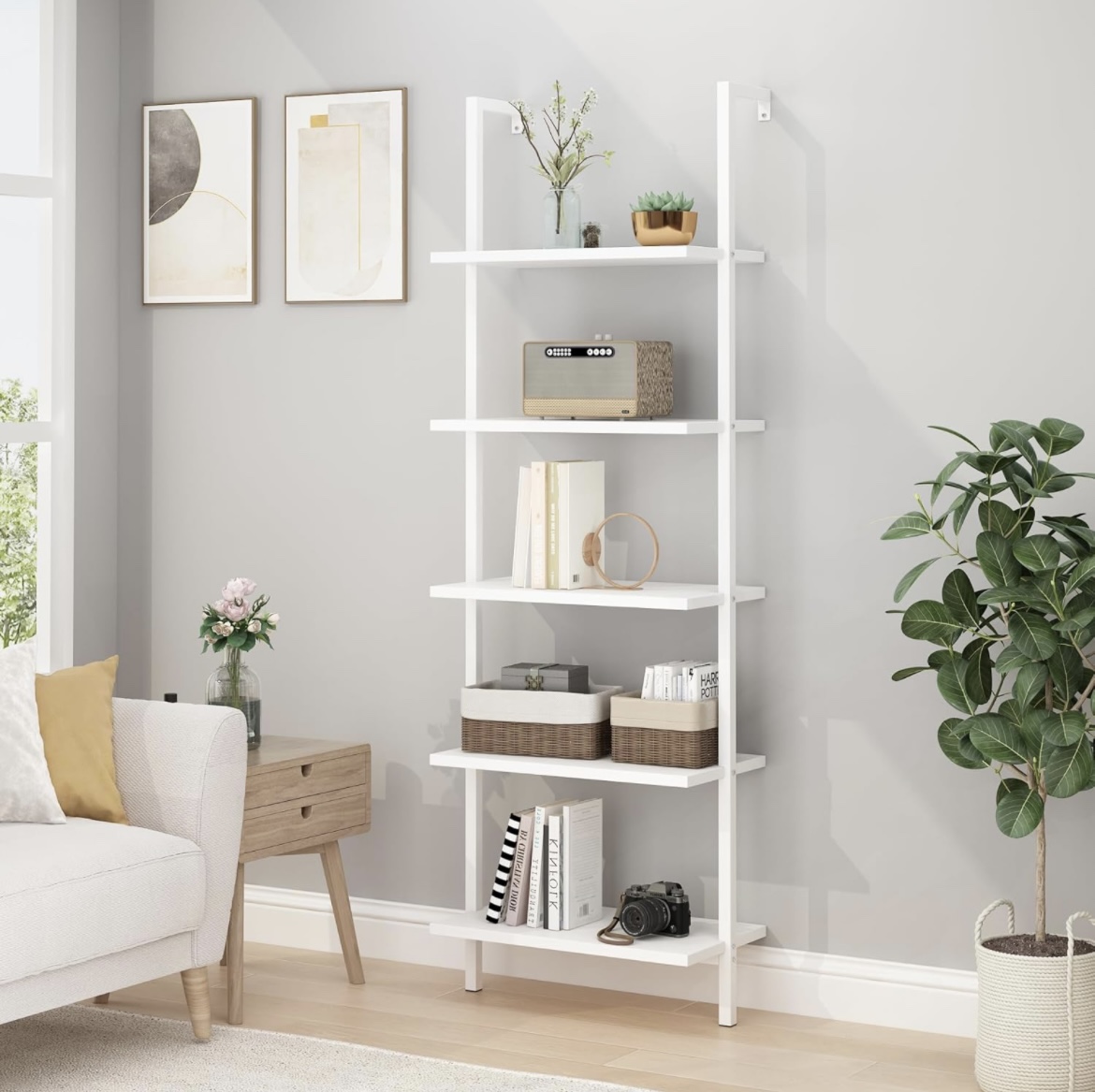 Four (4) white ladder bookcases in white