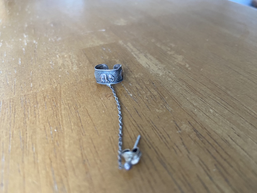 Silver stud earring with elephant clip at top thumbnail