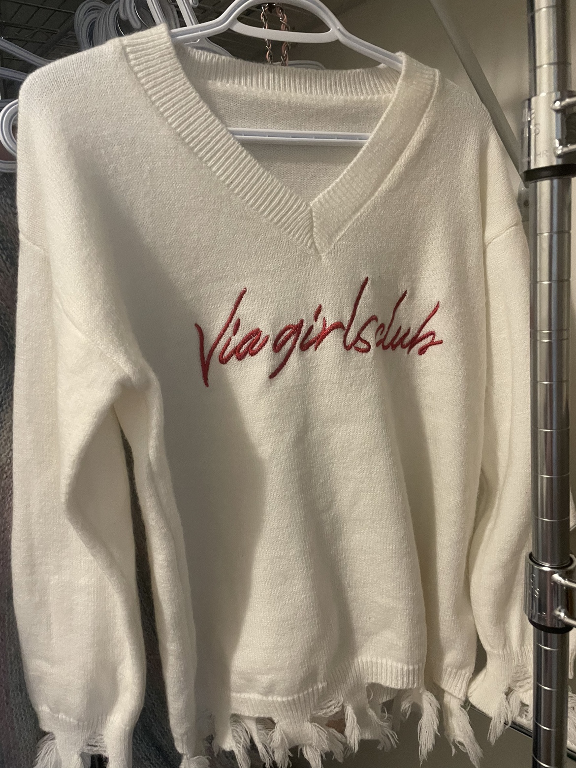 White V-Neck Sweater with Red Embroidery thumbnail
