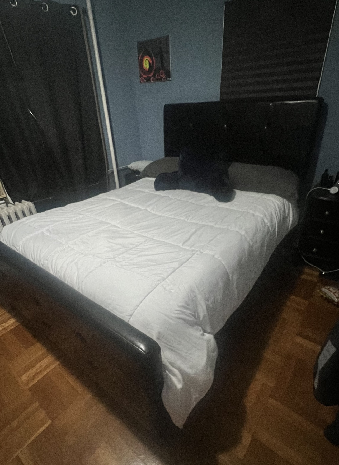 Black Faux Leather Bed Frame with Nightstand and Dresser. - photo 2