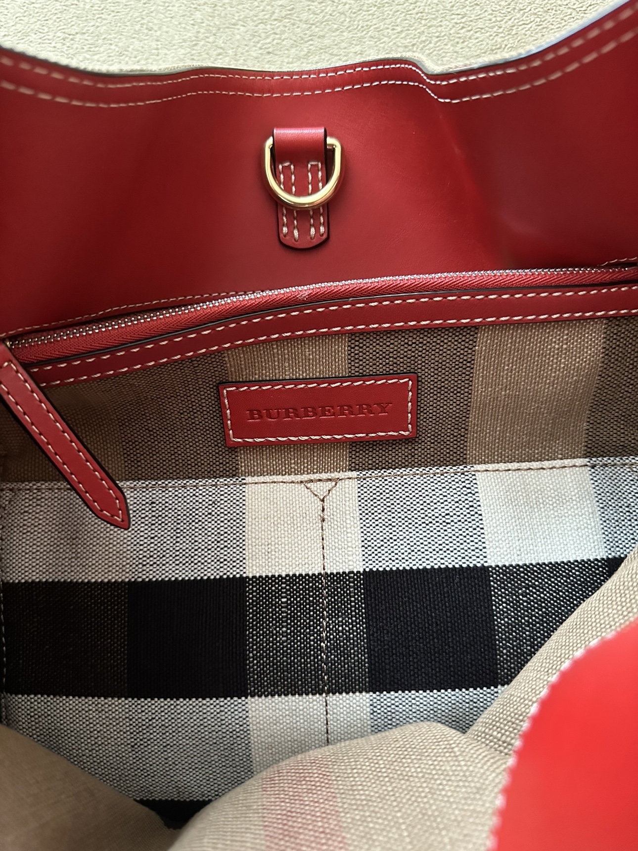 Burberry Red/Tan Check Canvas & Leather Ashby Hobo Bag image indicator(6)