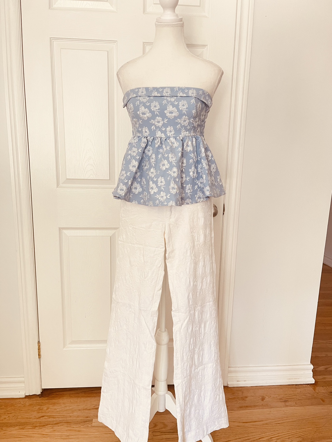 Blue Floral Tube Top with wide leg white pants thumbnail