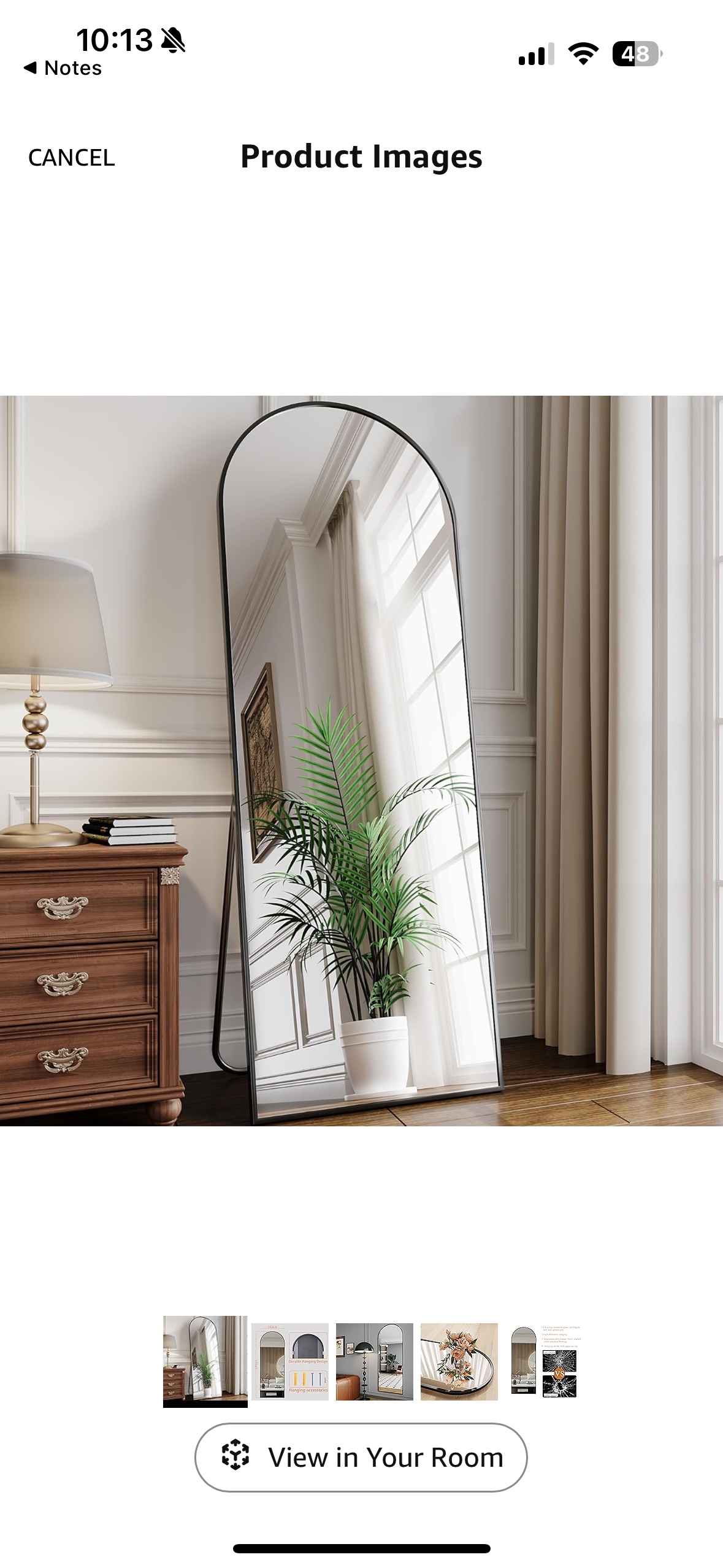 Black full length standing mirror 71x26