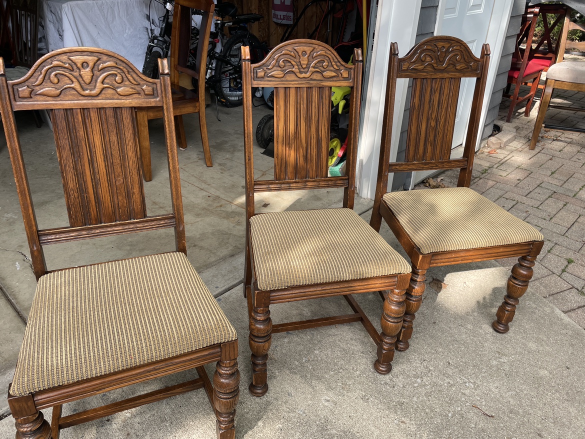 Antique set of three Oak dining chairs, newly reupholstered - photo 3