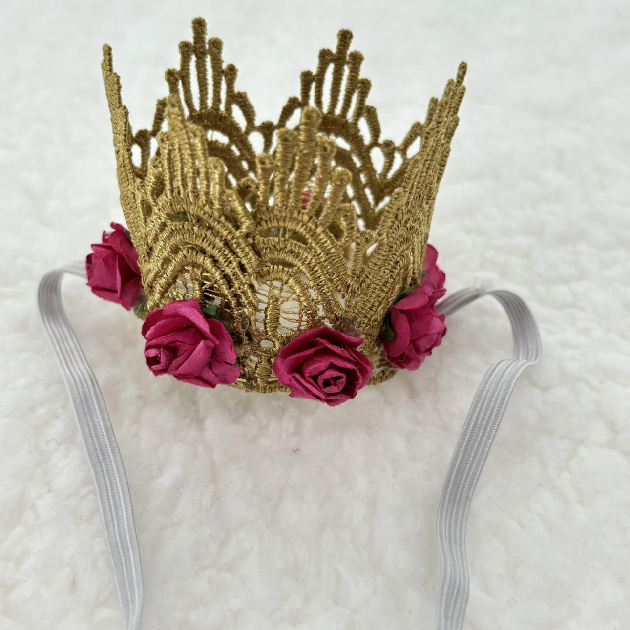 Lace Crown Stiff Crocheted Gold Lace w Pink Flowers for Newborn - photo 4