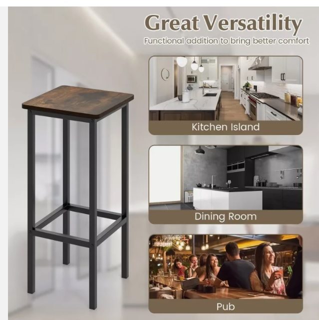 4 Pcs Kitchen Square Wooden Bar Chair Set 26" Metal Leg Footrest image indicator(8)
